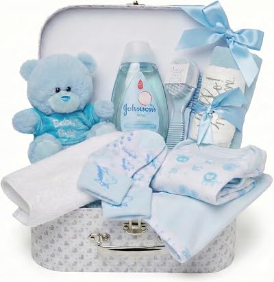 Baby Box Shop Newborn Baby Boy Gift Hamper Set with Blue Teddy Box Keepsake