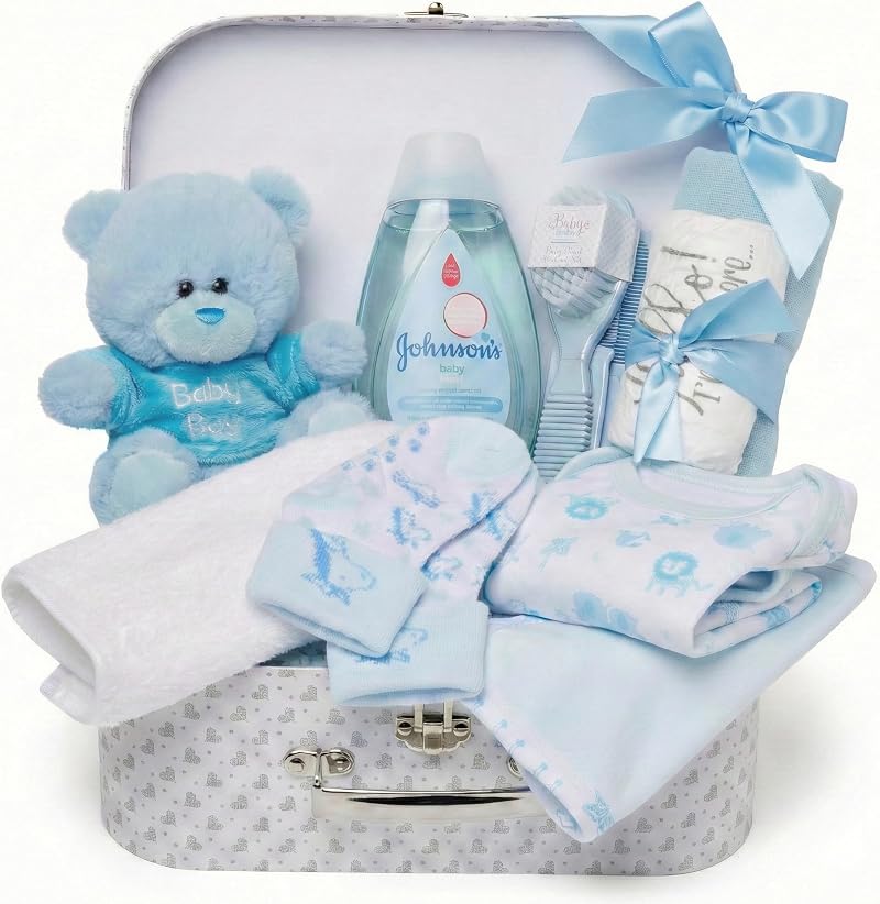 Baby Box Shop Newborn Baby Boy Gift Hamper Set with Blue Teddy Box Keepsake