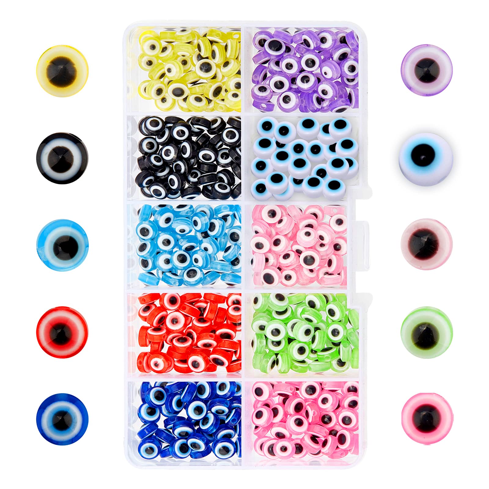 NBEADS 400 Pcs 6mm Evil Eye Beads, 10 Colors Resin Flat Round Evil Eye Charms Loose Spacer Beads for DIY Jewelry Bracelet Necklace Making