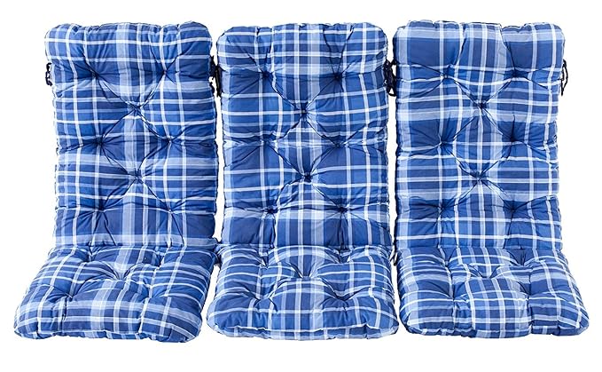 Ambientehome 3er Set Hochlehner Auflage Kissen Hanko Maxi, kariert blau, ca 120 x 50 x 8 cm, Rückenteil ca 70 cm, Polsteraufl