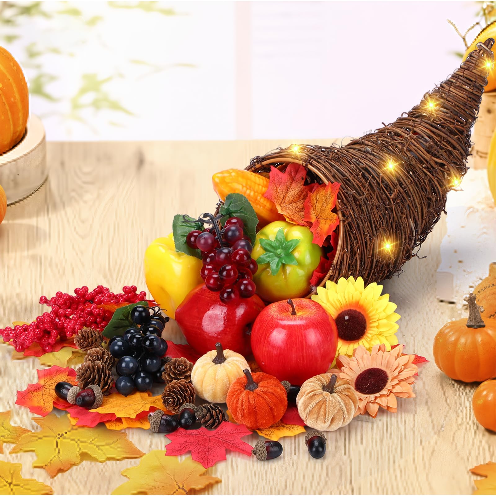 Photo 1 of 20pcs Thanksgiving Cornucopia Basket Set Fall Table Centerpieces 18inch Horn Cornucopia Centerpiece of Plenty Harvest Decor with Artificial Leave Acorn Fruits Decor for Autumn Dining Table Centerpiece