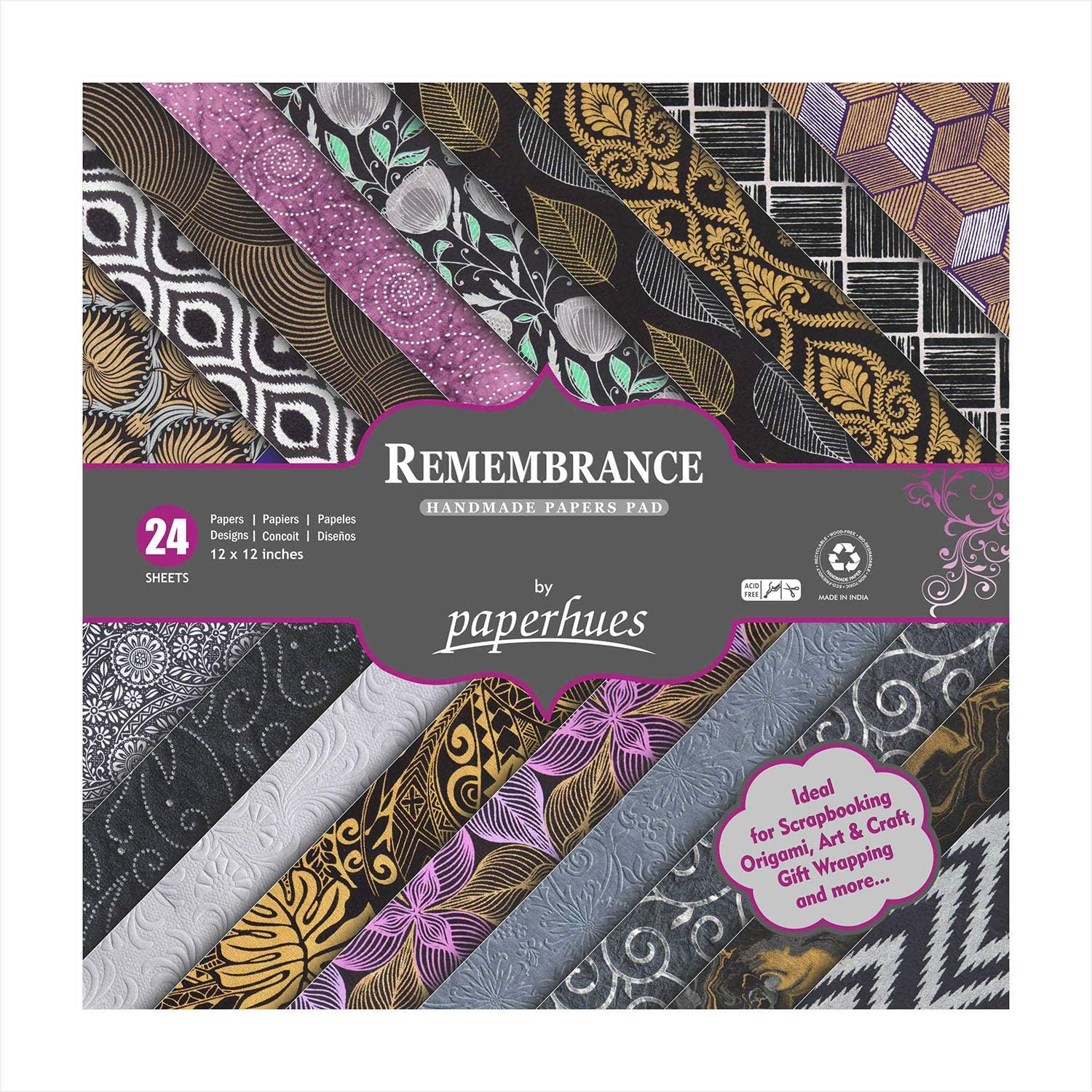 PaperhuesRemembrance Handmade Scrapbook Collection Papers 12x12" Pad, 24 Sheets.