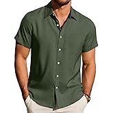 DEMEANOR Mens Linen Shirts Short Sleeve Casual Wrinkle Free Button Down Shirt Lightweight Beach Vacation Summer Wedding Tops