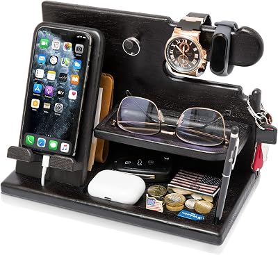 Teslyar Wood Phone Docking Station Ash Desk Organizer Black - Nightstand Wallet