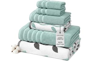 Modern Threads Organic Vines 6-Piece 100% Cotton Towel Set – Yarn Dyed Jacquard & Solid – Includes 2 Bath Towels, 2 Hand Towels, 2 Washcloths – Absorbent, Quick Dry, Soft & Durable – Aqua