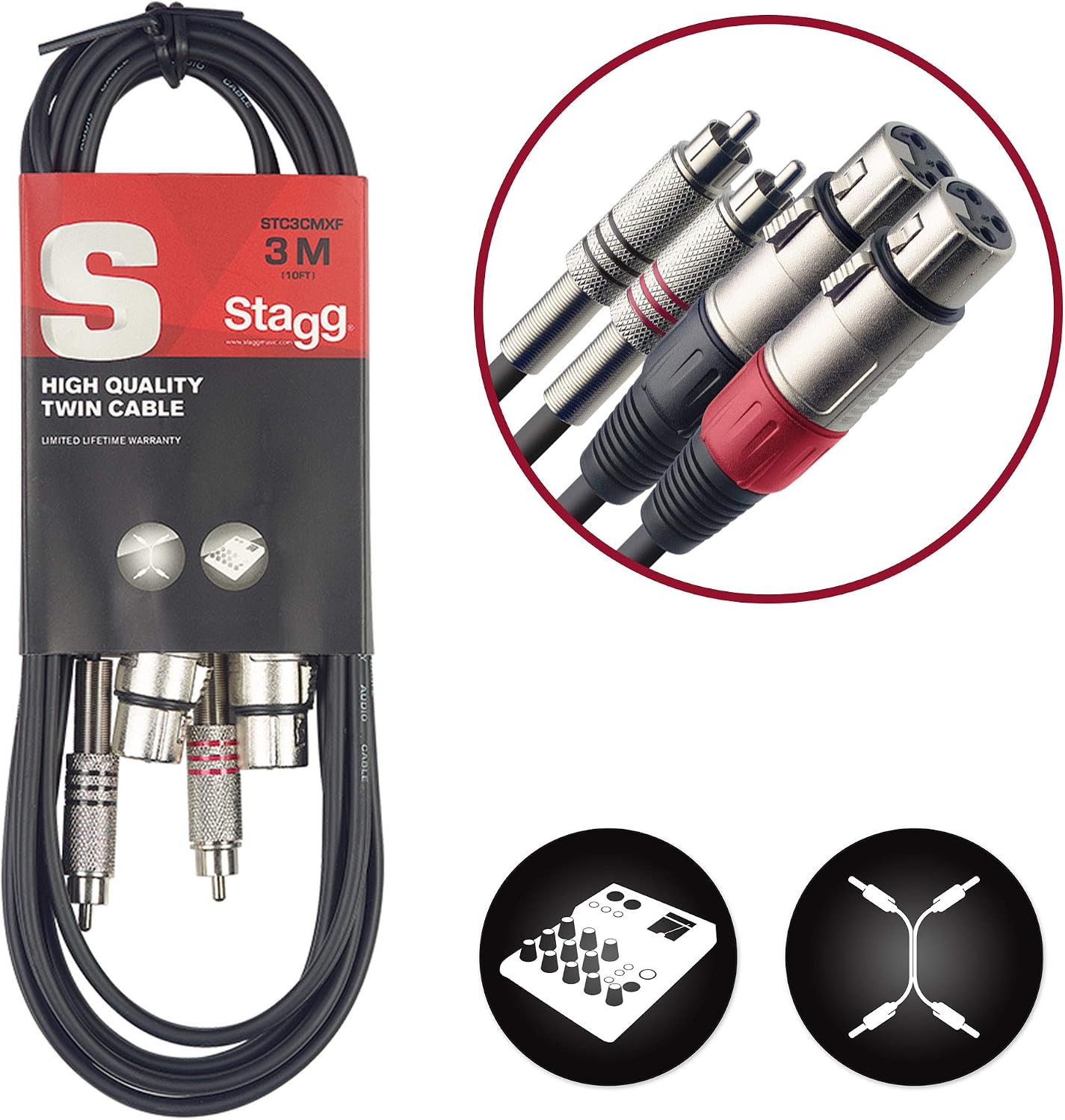 Stagg STC3CMXF Audiokabel – 2x Chinch Auf 2x XLR, 3m, Für Studio & Bühne