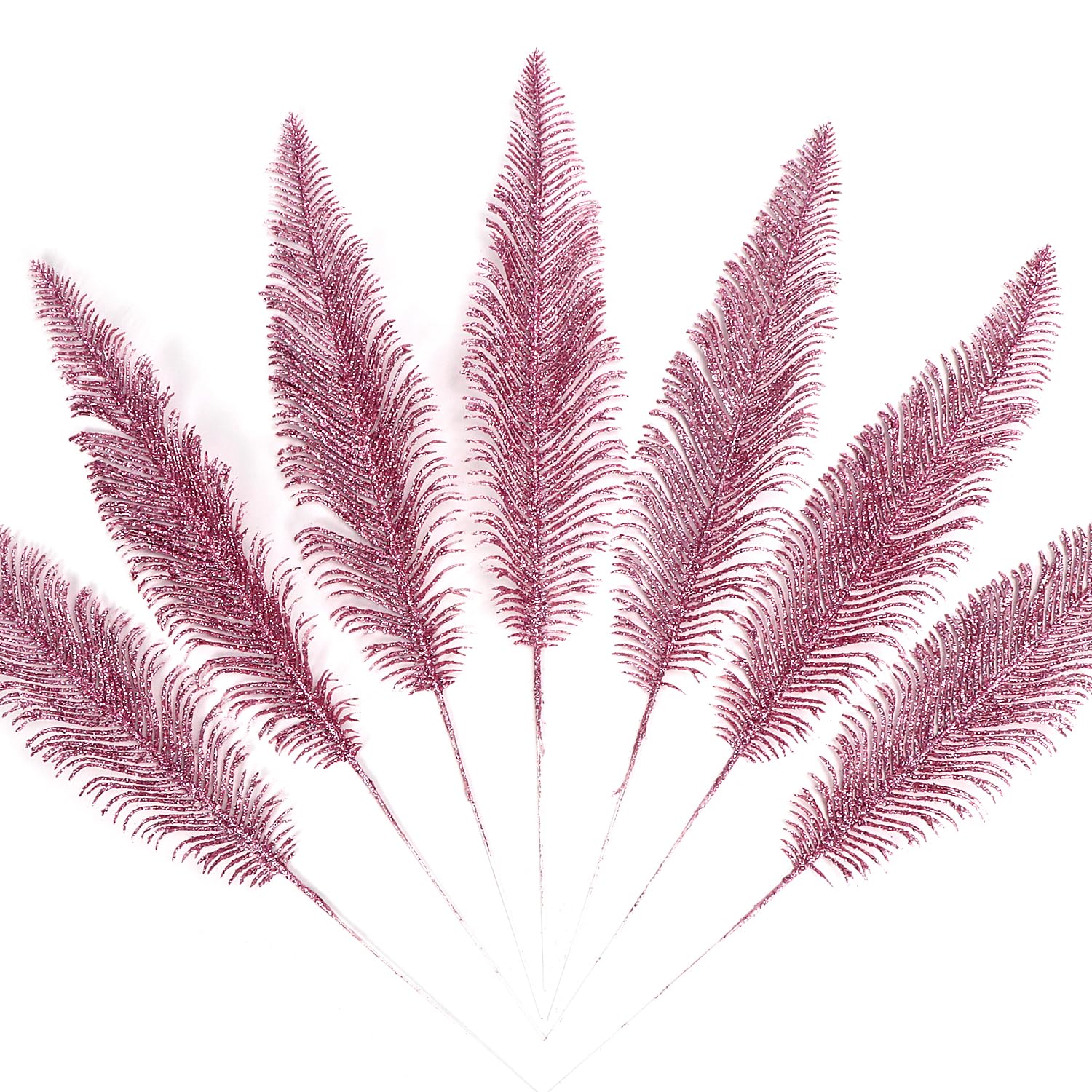 KKSTY Pack of 12 Artificial Glitter Feather False Leaves Christmas Tree Picks Sprays for Xmas Tree Carnival Party Decoration Festival Home Decor Flower Arrangment Vase Filler (Pink)