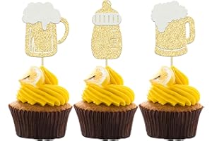 Gyufise 24Pcs Beer Mug Baby Bottle Cupcake Toppers Gold Glitter Baby Bottle Cupcake Picks Cheers Celebrating Baby Shower Birthday Party Cake Decorations