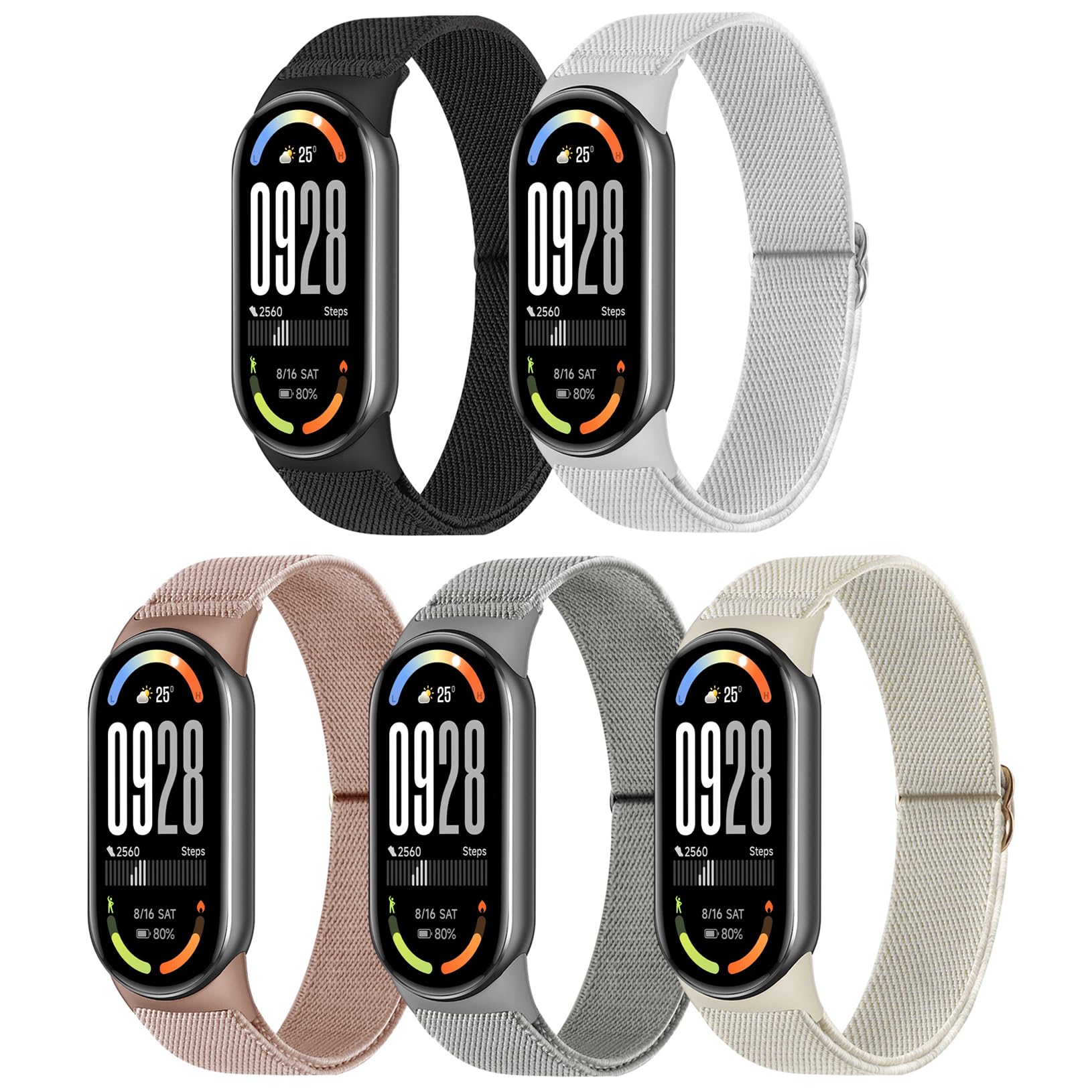 Wizvv Pack of 5 Xiaomi Mi Band 10/9/8 Wristbands, Adjustable Stretchy Nylon Wristbands, Sports Replacement Strap for Xiaomi Smart Band 10/9/8, 150 mm bis 240 mm, Nylon