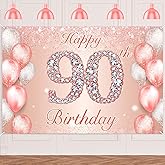 Happy 90th Birthday Rose Gold Banner Cheers to 90 Years Old Backdrop Confetti Balloons Theme Decor for Women 90 Years Old Pink Birthday Party Decorations Bday Supplies Background Favors Gift Glitter