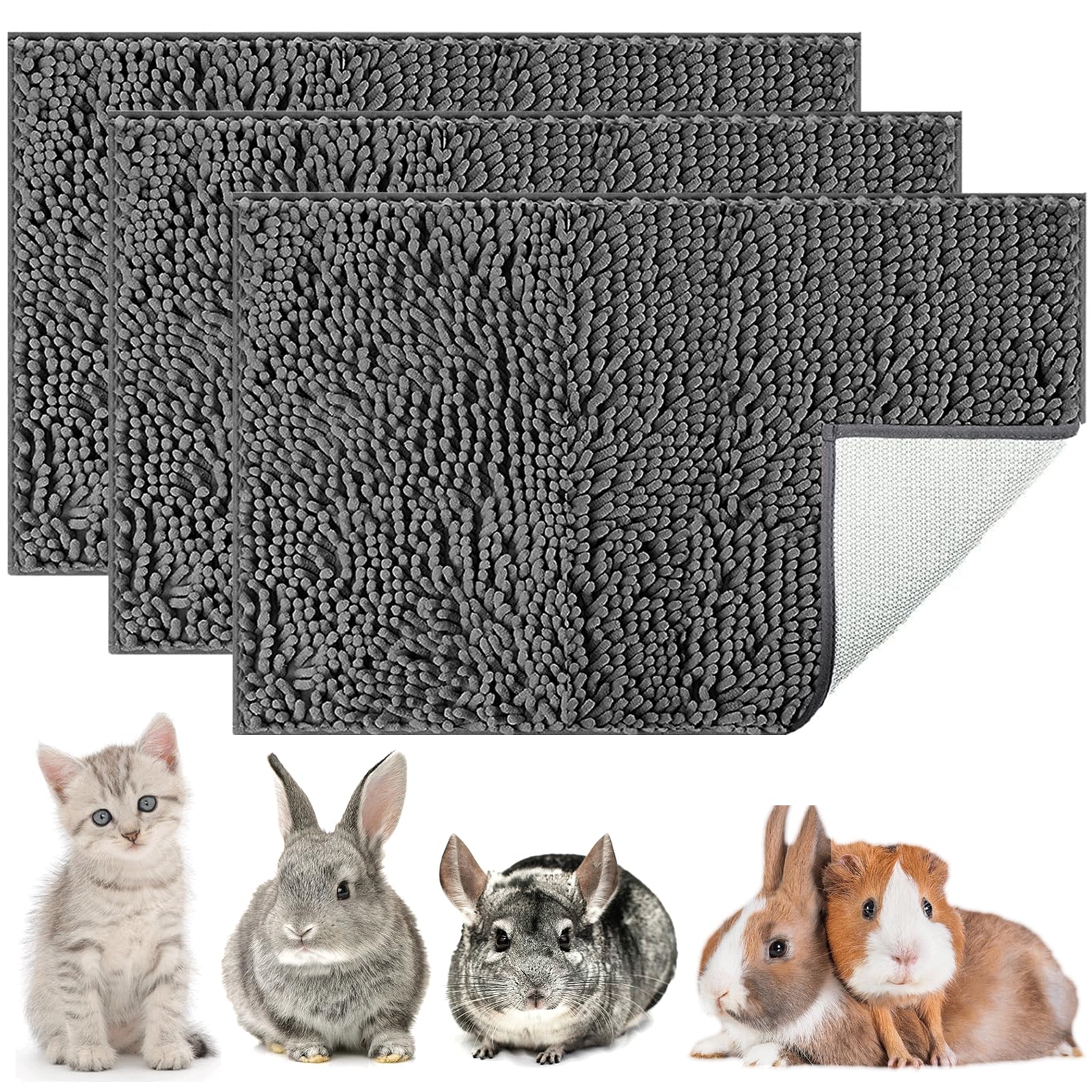 JWShang 3 PCS Guinea Pig Fleece Cage Liners, Washable Guinea Pig Rabbit Pad Mat, Reusable Guinea Pig Fleece Absorbent Bedding, Snuggle Pads for Rabbit, Bunny and Other Small Animals, Grey