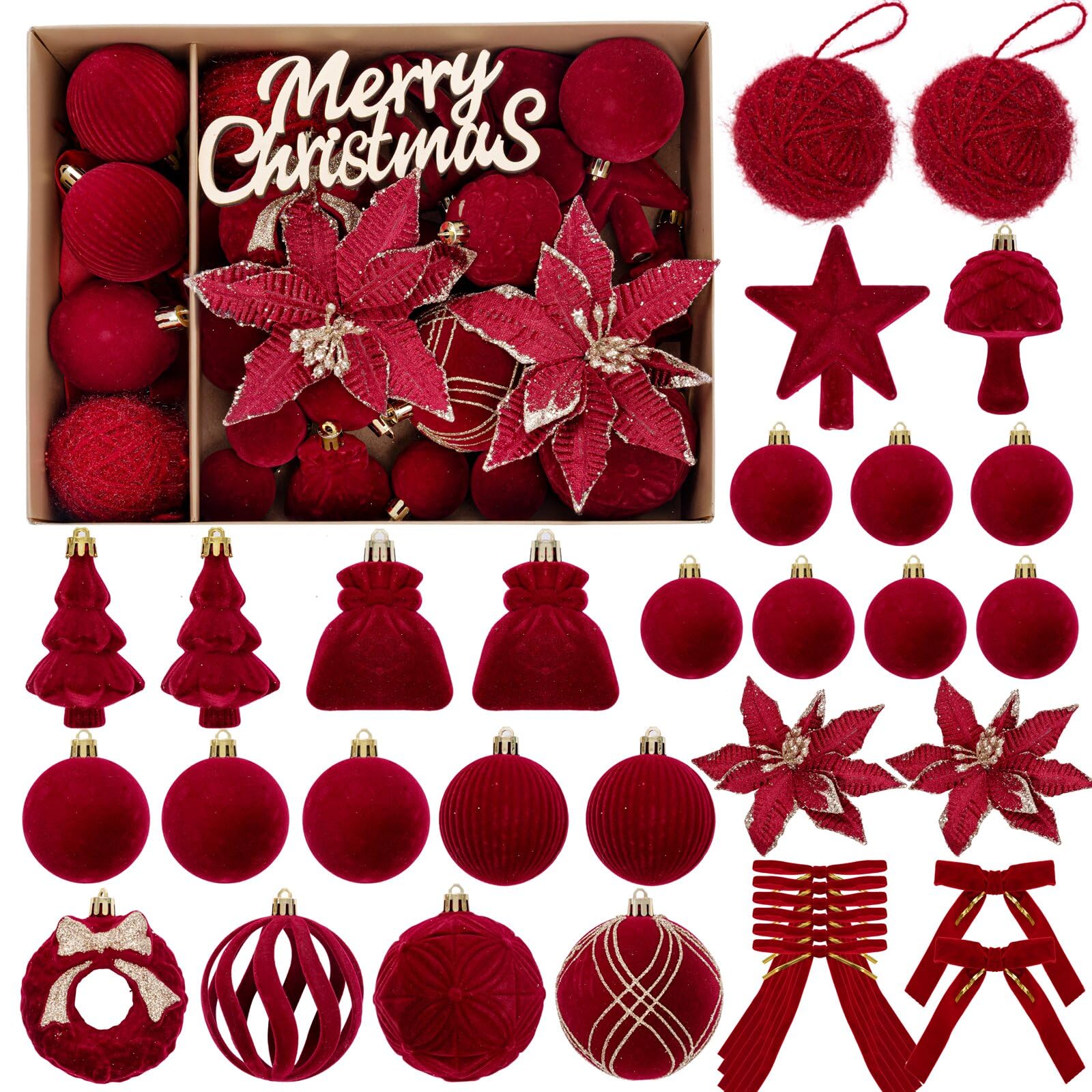 Photo 1 of WDF 38PCS Red Velvet Christmas Ornaments - Burgundy Christmas Ornaments - Red Velvet Christmas Balls for Christmas Decorations/Xmas Tree/Parties/Holidays