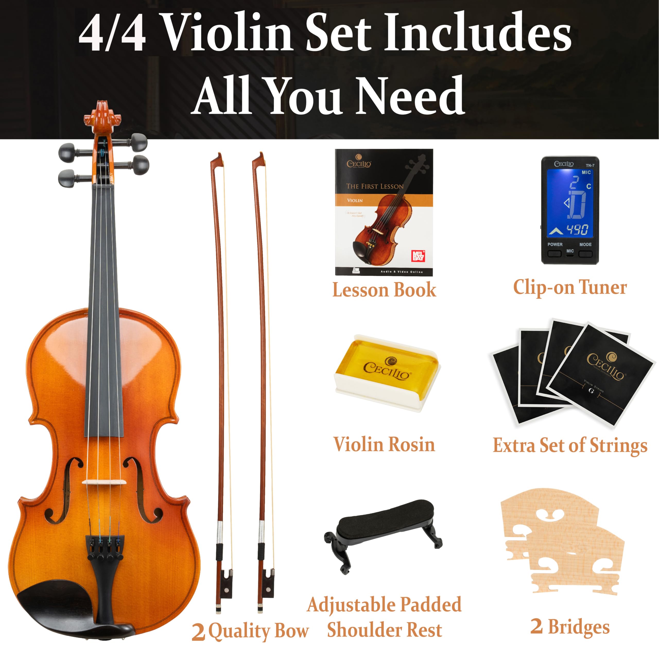 Mendini by Cecilio Violin 4/4 Full Size Set For Beginners - Hand Carved Acoustic Violins Set - Fiddle Solidwood Kit with Hard Case, Two Bows, Tuner, Rosin, Shoulder Rest, Extra Strings, Lesson Book