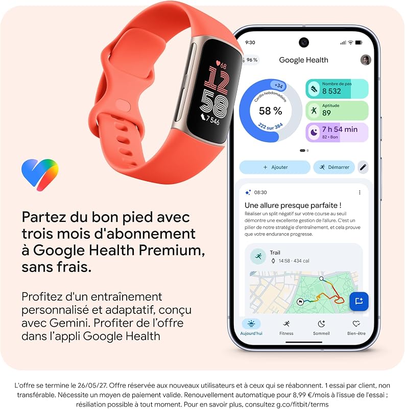 Google Charge 6 Bracelet d'activité avec Un abonnement de 3 Mois à Google Health Premium Inclus, 7 Jours d'autonomie de Batterie, Corail/Aluminium Champagne Doré