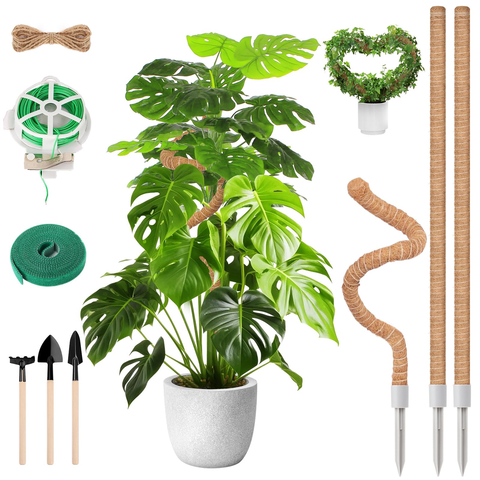 BELICOO Moss Pole 3 PCS, 2 x 120cm/60cm(47inch/24inch) Bendable Plant Sticks Support, Moss Pole for Monstera, w/Gardening Tools, Twine, Velcro & 20M Ties, Plant Supports for Indoor Plants