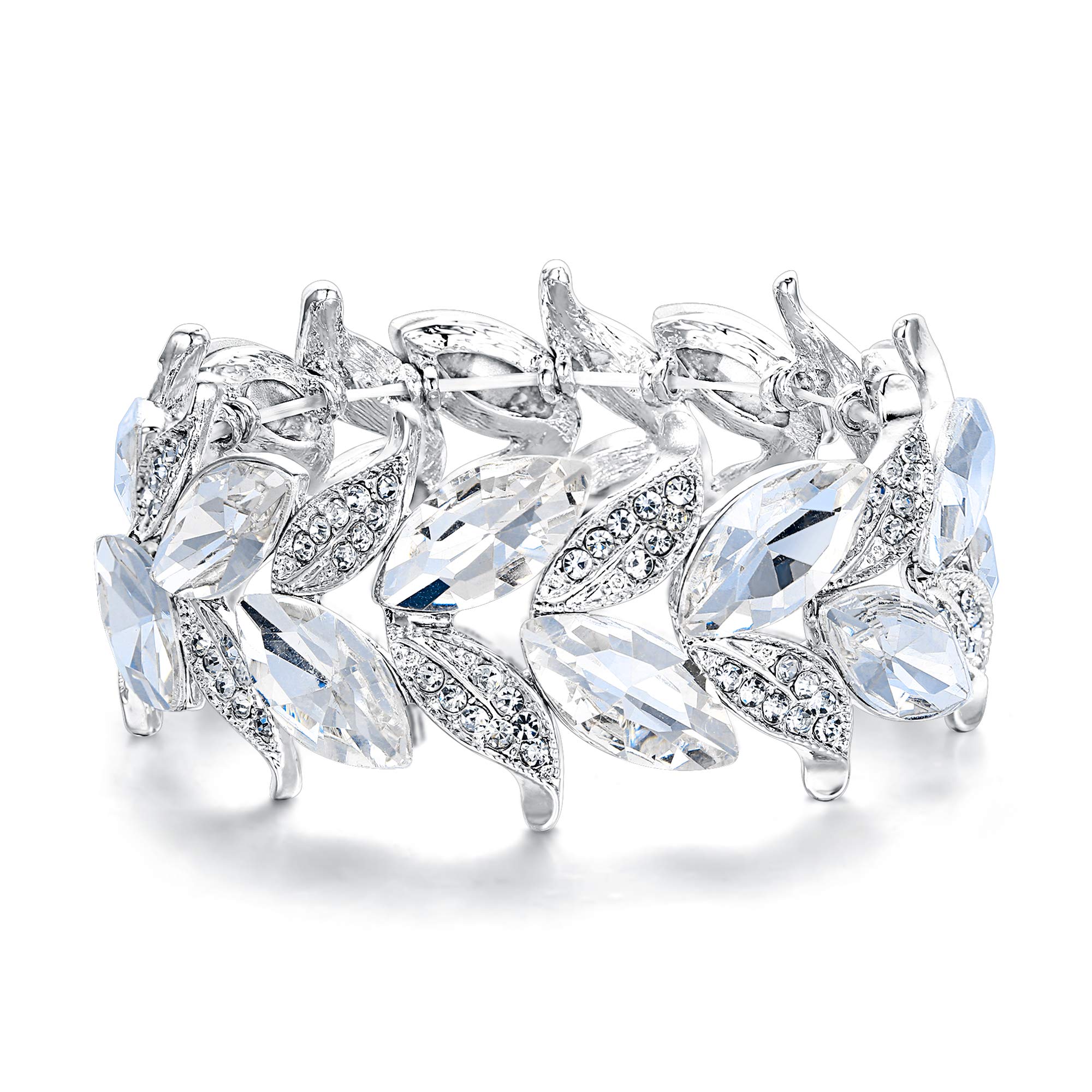 Clearine Wedding Bridal Bracelet for Women Marquise-Shape Leaf Crystal Stretch Bangle Bracelets Clear Silver-Tone