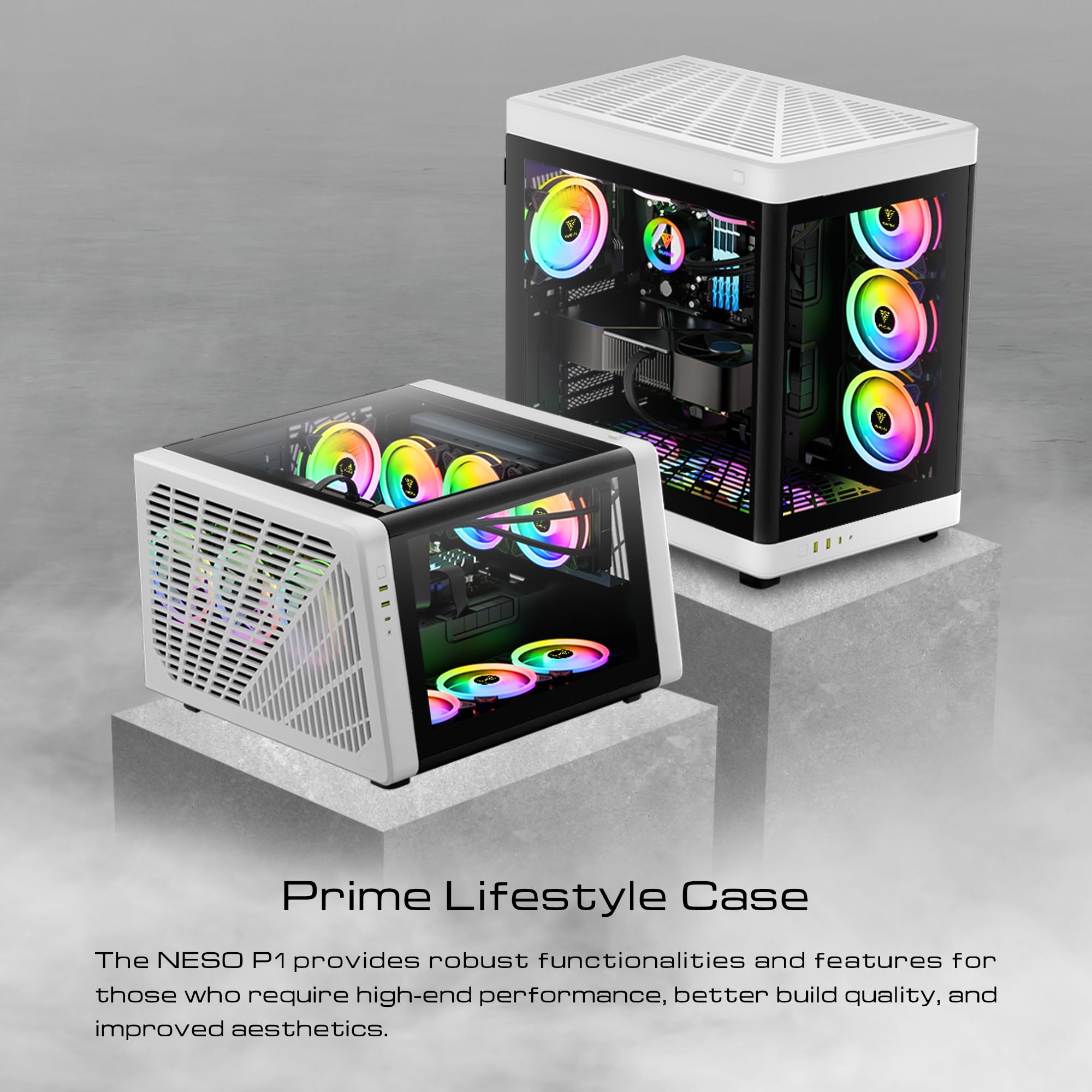 GAMDIAS RGB Dual-Chamber Panoramic Tempered Glass Gaming PC Case; 2-way Standing with Vertical & Horizontal Orientaton and One-touch Open; Computer Case support 420mm AIO & Huge Cable Management Space