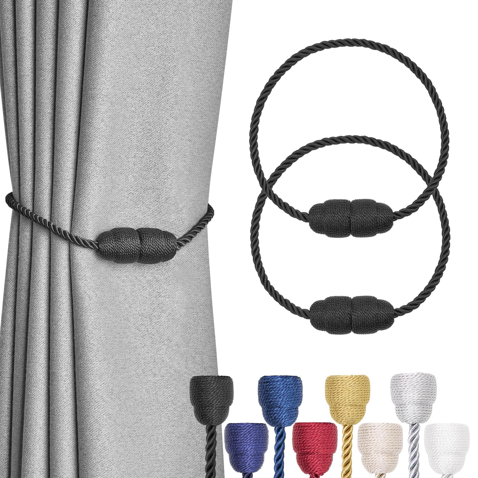 Pretty Jolly 2 Pack Strong Magnetic Curtain Tiebacks - Handmade Weave Side Rope Curtain Holdbacks - Unique & Elegant Decorative Tie Backs for Home & Office Windows (Black)
