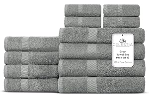 Villa Celestia 100% Cotton Bath Towel Set of 12-4 Bath Towels, 4 Hand Towels, 4 Wash Cloths, Sustainable, Soft, Highly Absorbent, Combed Cotton 12 Piece Set for Hotels, Spa, Bathroom, Dorm, Grey