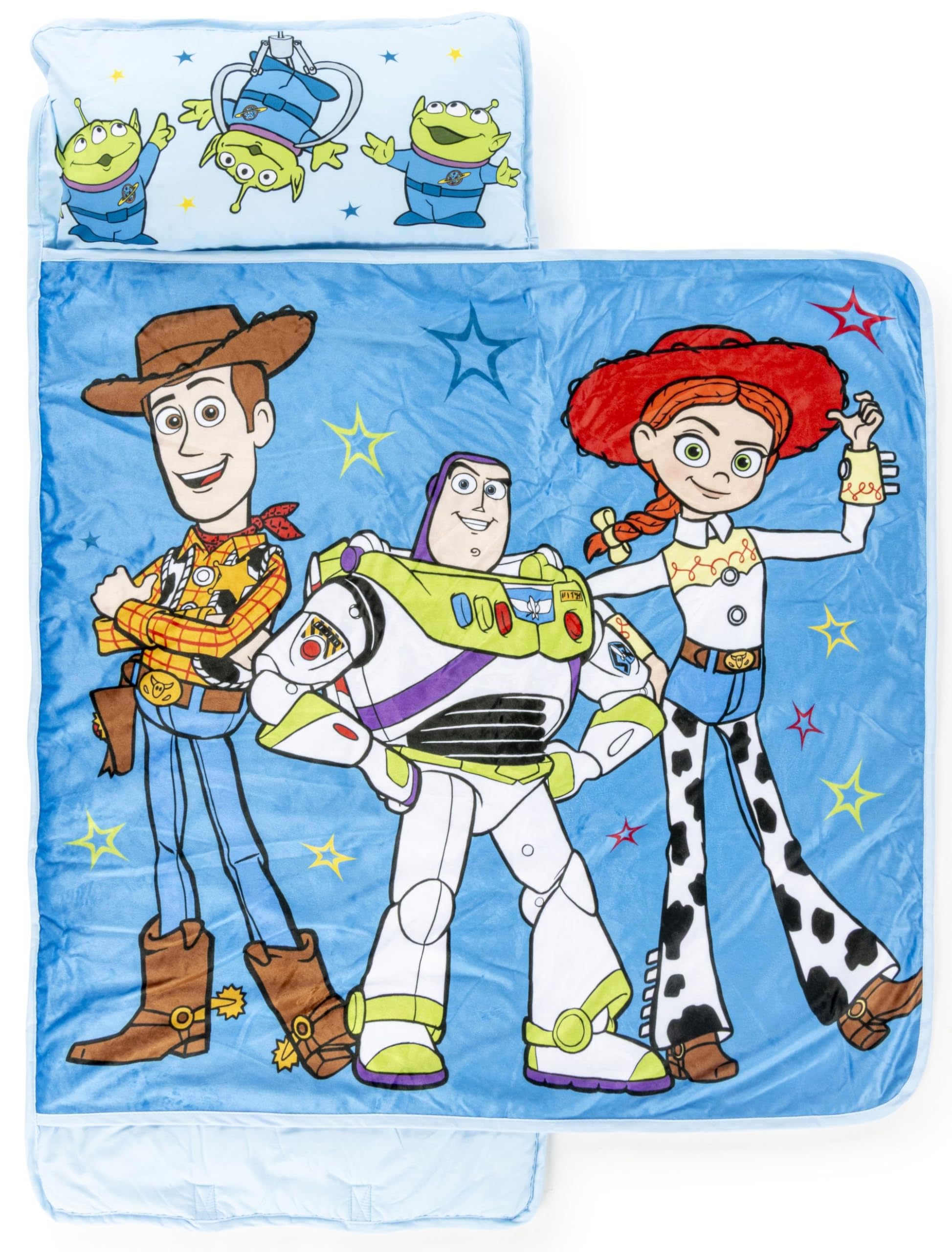 Jay Franco Kids Nap Mat with Embedded Pillow & Blanket – Soft 46"x20"Microfiber Sleeping Bag with Name Tag & Handle for School, Travel, Sleepover, Blue - Toy Story Image