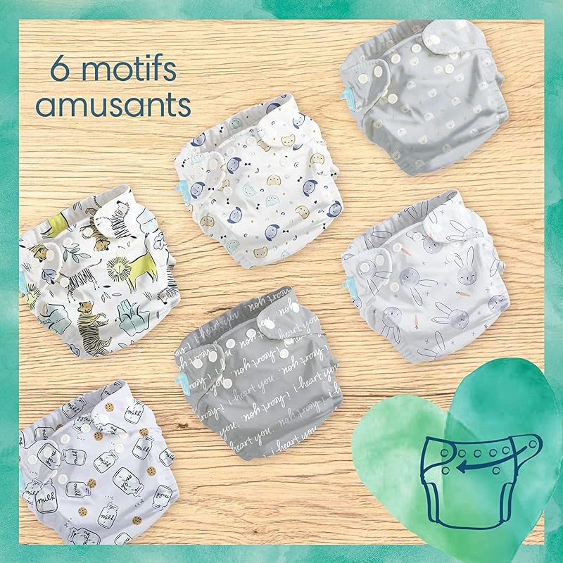 Harmonie Hybrid, 3 Couches Lavables Hybrid, Protège la Peau Sensible des Bébés, Avec des Ingrédients d’Origine Végétale et 0% de Parfum, Motifs Mignons