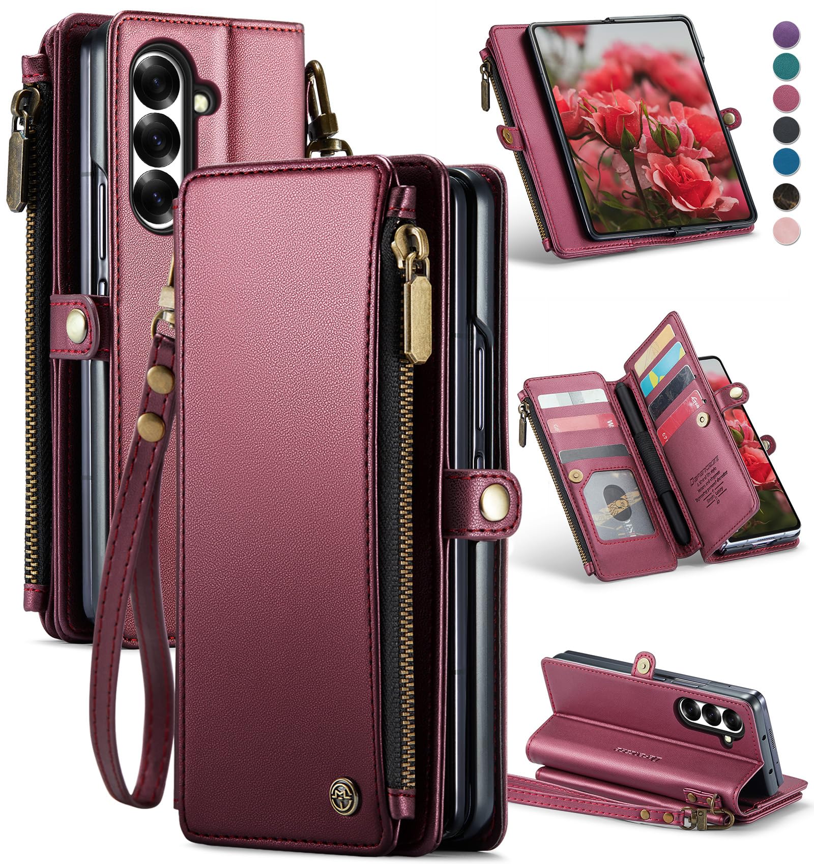 Photo 1 of Defencase for Samsung Galaxy Z Fold 7/ Fold7 Wallet Case with RFID Blocking 10-Card Holder, Fashion Soft PU Leather Magnetic Snap Flip Zipper Wrist Strap Phone Case for Galaxy Z Fold 7 5G, Wine Red