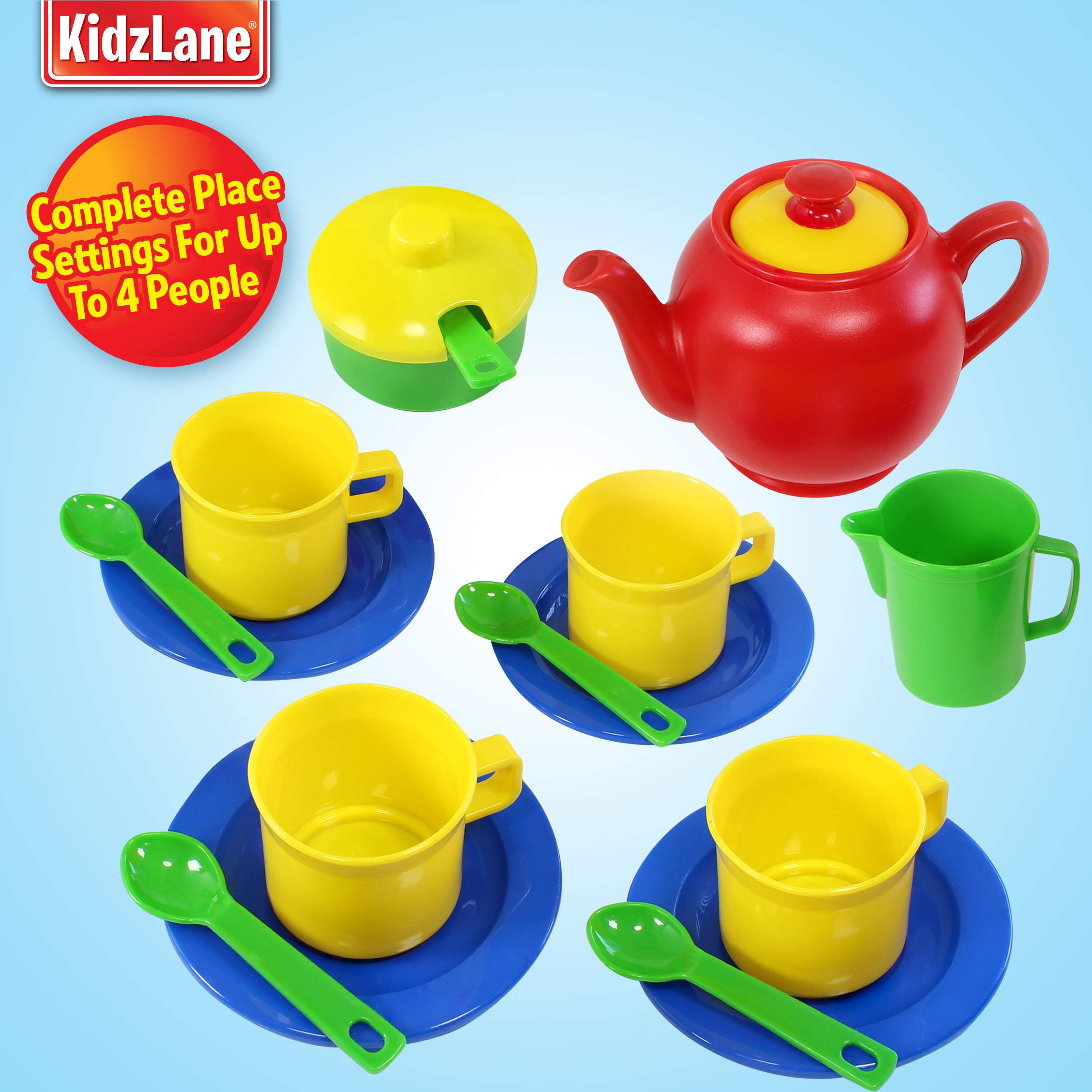 Kidzlane Play Tea Set, 15+ Durable Plastic Pieces, Safe and BPA Free for Childrens Tea Party and Fun