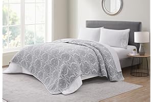 Tahari Home - King Coverlet, Reversible Cotton Rich Bedding, Lightweight Comfort for All Seasons (Hannah Grey/White, Queen)