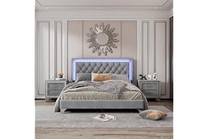Linique 3-Pieces Bedroom Sets, Queen Size Upholstered Platform Bed Frame with LED Lights and Two Nightstands, Modern Wooden Velvet Platform Bed with Button Tufted Headboard, Grey
