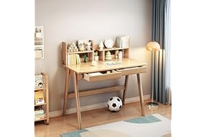 BALANBO Kids Desk＆Table Rubber Wood Children’s Study Desk with Bookshelf and Two Drawers for 3 Years and Above Student's Study Computer Workstation & Writing Table for Home Use(Nature