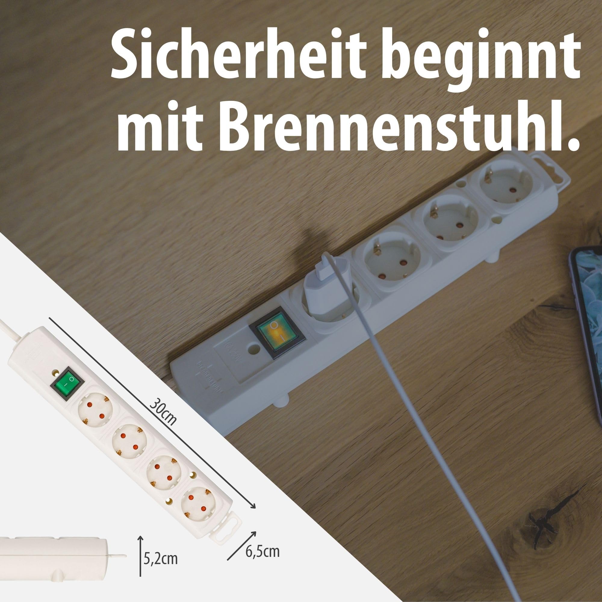Brennenstuhl Comfort-Line Plus Steckdosenleiste 4-Fach (Steckerleiste mit Flachstecker und Schalter, Mehrfachsteckdose mit 2m Kabel und extra Breiten Abständen der Steckdosen) weiß 6
