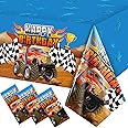 Monster Truck Tablecloth Happy Birthday Monster Truck Party Table Cover Monster Machine Table Cover Grave Digger Theme Checkered Flag Tablecloth for Birthday Party Decorations Supplies(3 Pieces)