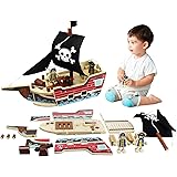 Wooden Pirate Ship Toy 31pcs Building Playset Model Ships for Kids Creative Building Toys Wood Craft Kits for Children Who Li