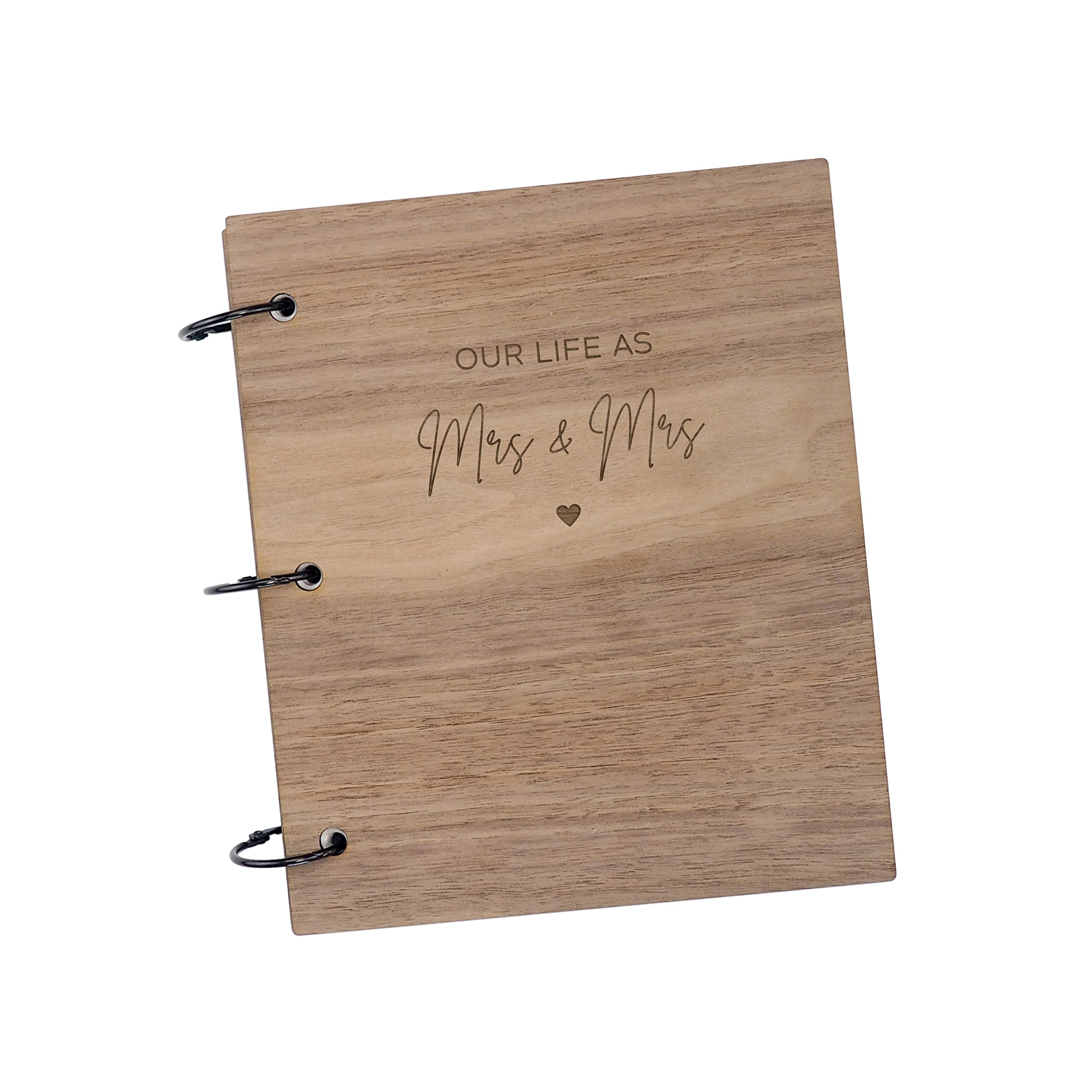 Our Life as Mrs & Mrs Photo Album - Lesbian Couples Memory Book - Engraved Wedding Present - Wooden Anniversary Keepsake for Her - Couples Book to Fill Out Together (Walnut, 25 pages)
