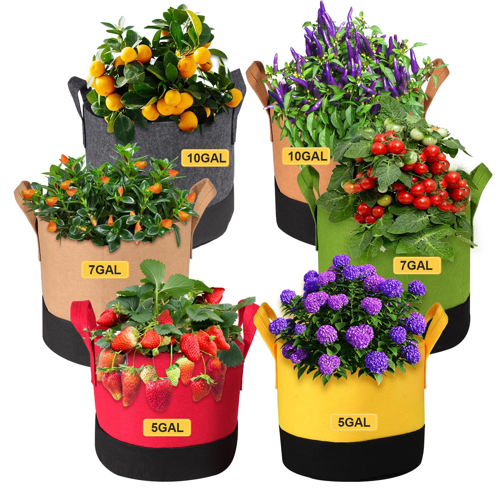 Photo 1 of SouilGoal 6-Pack 5/7/10 Gallon Grow Bags - 350G Heavy Duty Fabric Pots with Handles, Multi-Size Planter Bags for Potatoes Tomatoes Vegetables Fruit Flowers Herbs