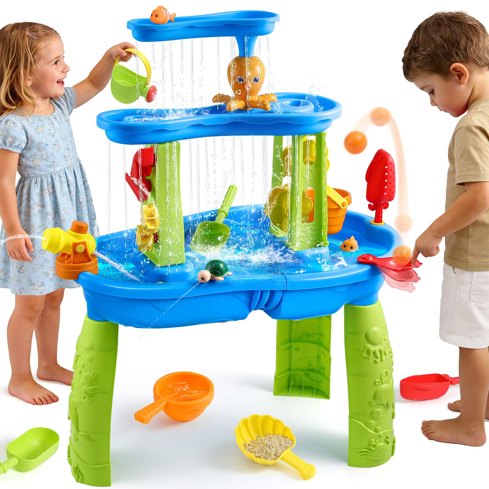 FRUSE Water Table for Kids 3-5,3-Tier Splashing Sand Water Table Toys with Accessories,Activity Sensory Play Table for Backyard Beach Grass,Summer Outdoor Toy for Boys Girls Age 3 4 5 6 7 8