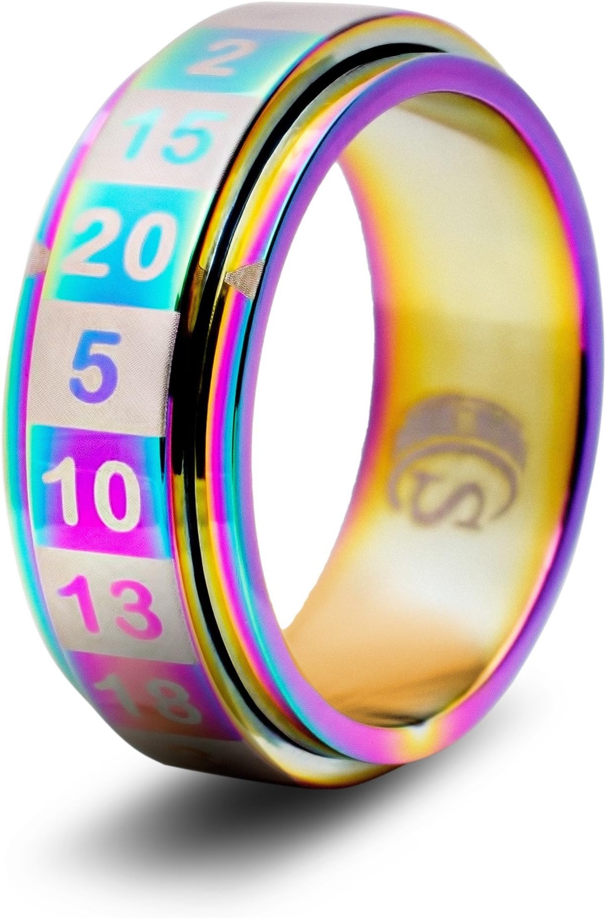 CritSuccess d20 Dice Ring with 20 Sided Die Spinner (Size 13 - Stainless Steel - Rainbow)