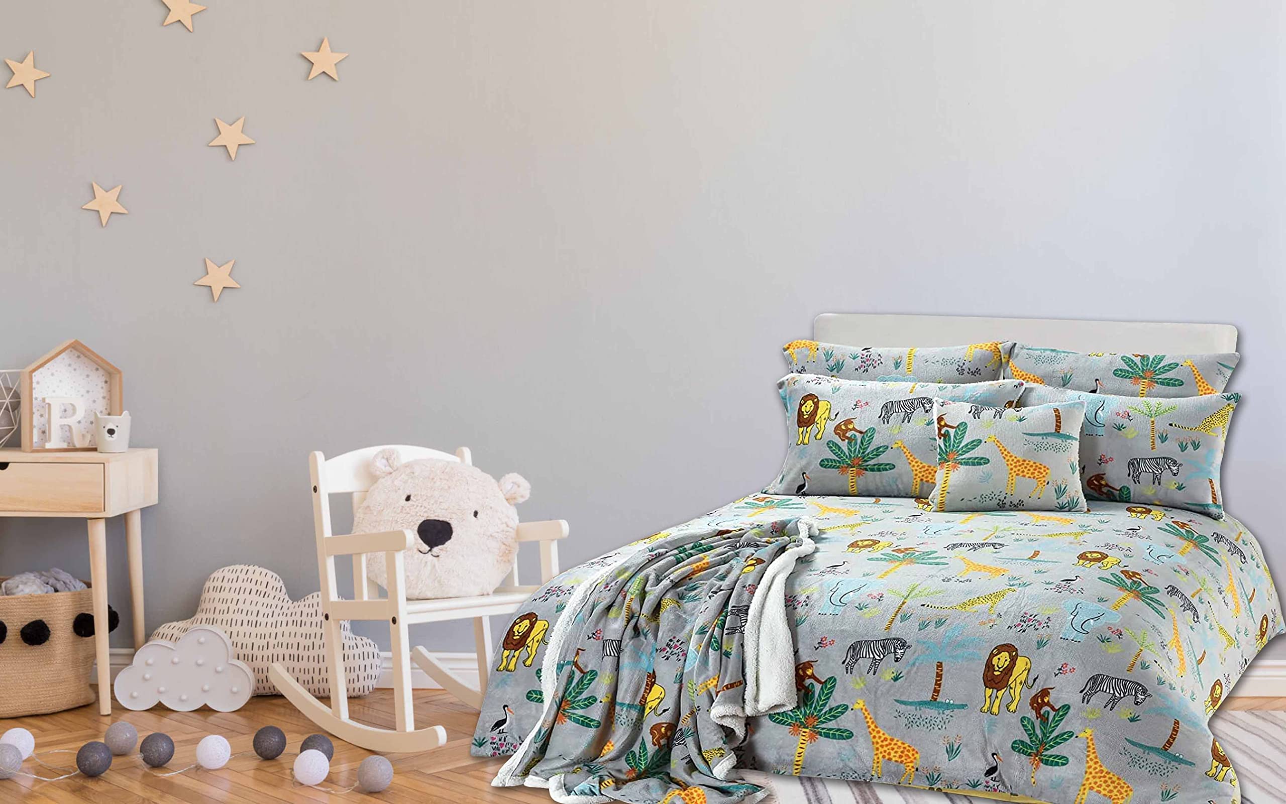 LIZZIE JACOBS Safari Jungle Animals Pattern Teddy Bear Fleece Super Soft Warm Cosy Kids and Adults Duvet Cover Sets Quilt Covers Bedding Sets (Single Duvet Set), Grey/Multi