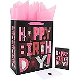 wishinside 13” Large Black Happy Birthday Gift Bag Set with Handles, Greeting Card, Pink Tissue Papers and Stickers for Women Girls Kids Teens, Cartoon Design, 1 Pcs