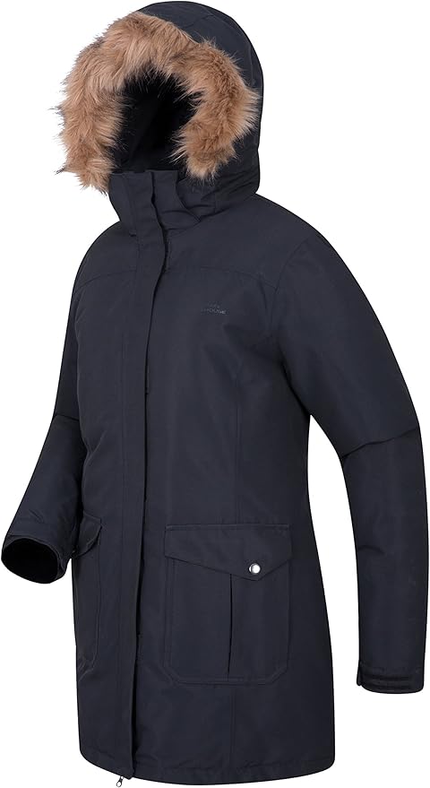 Ideal f/&uuml;r Camping bei kaltem Wetter Kunstfellbesatz gef/&uuml;tterte Winterjacke wasserfest Mountain Warehouse Tarka Damenjacke Regenjacke mit Fleecefutter Lang