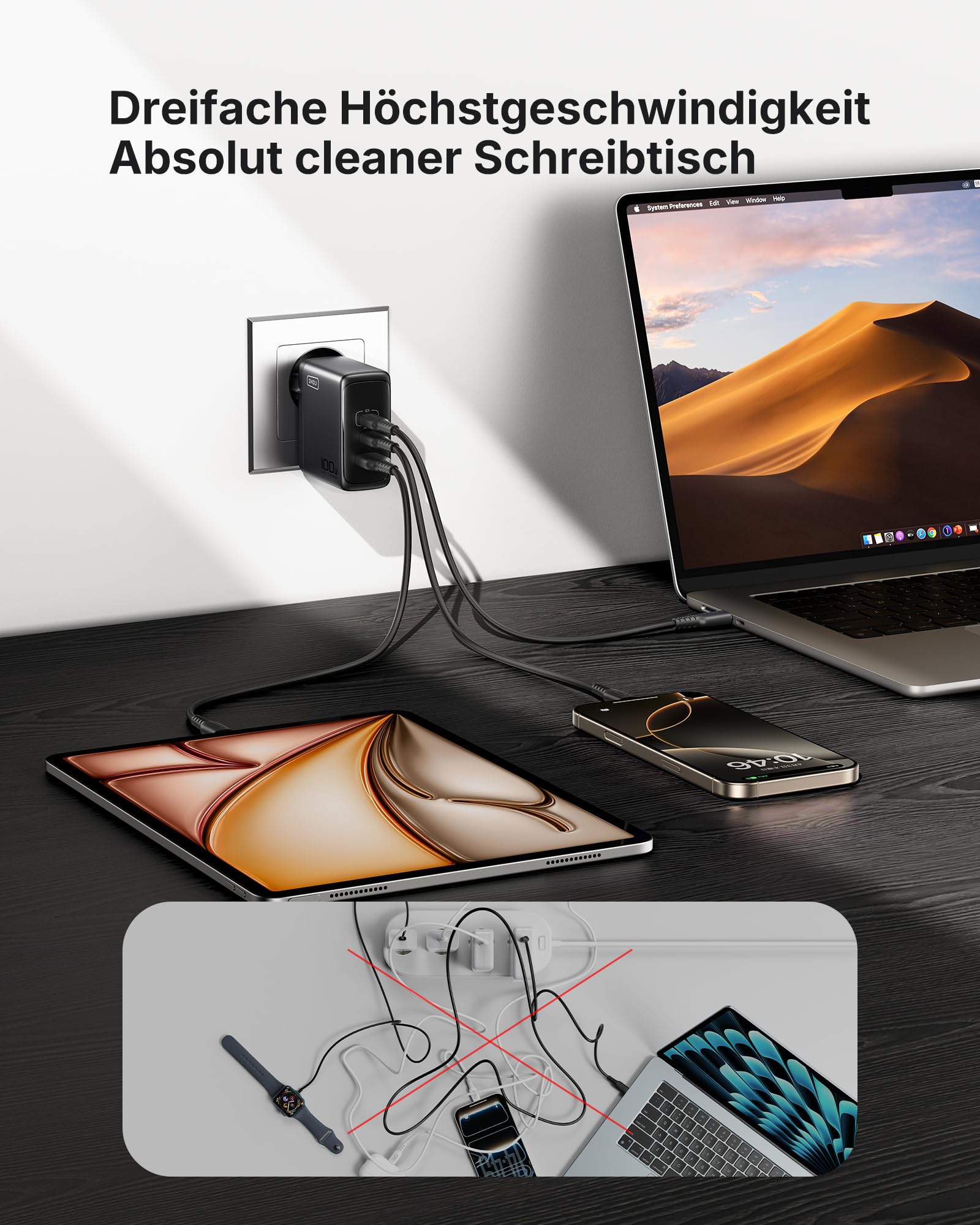 INIU USB C Ladegerät, 100W 3-Port Laptop Schnellladegerät mit 1.5m Kabel 2