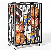 Ball Sports Organizer Storage Cart, Garage Metal Rolling Bin with Thicker Elastic Rope, Ball Holder Rack with Wheels for Volleyball, Basketball, Football, Toys, Gym, Outdoor & Indoor Equipment Storage