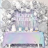 Disco Party Decorations with Silver Pearl White Confetti Balloons Fringe Curtain Tablecloth for Disco Theme Birthday Party Decorations for Women or Men