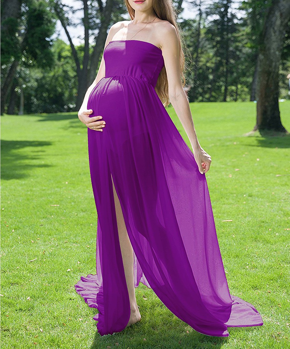 Gititlys Boob Tube Top Split Front Maxi Chiffon Maternity Dress for Photoshoot Purple