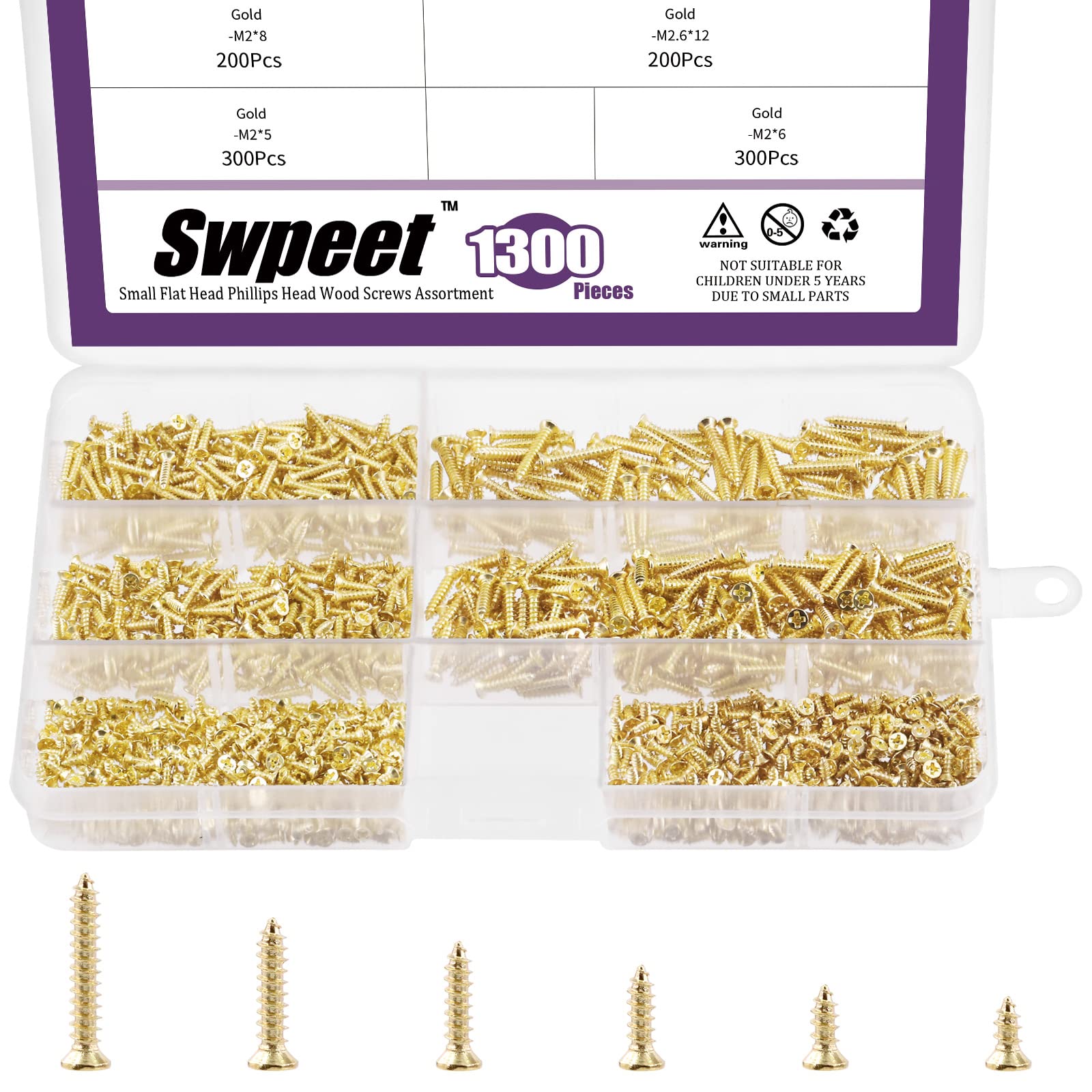 Swpeet 1295Pcs Wood Screws Assortment Kit - 5-16mm Self Drilling Flat Cross Head, Self Tapping Metal and Furniture Fasteners (Gold)