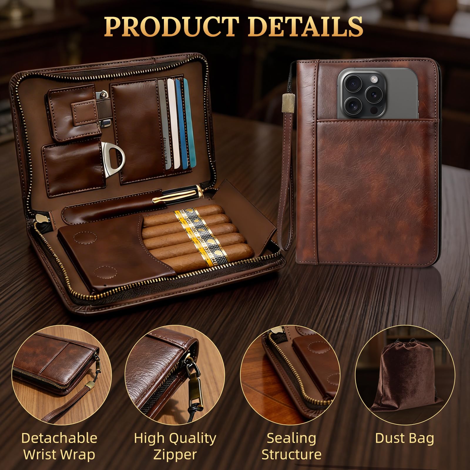 Travel Cigar Humidor, Handmade Crazy Horse Leather Cigar Case for Men, Portable Cigar Box Holds 5 Cigars with Phone & Lighter Pockets, Ideal Gift for Cigar Lovers - Brown