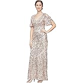 Alex Evenings Womens Long Mother of The Bride Sequin Dress with Cold Shoulder Flutter Sleeves (Petite and Regular Sizes)