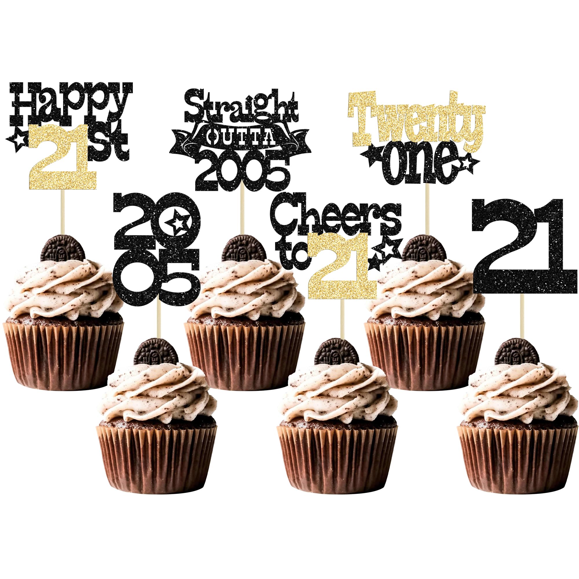 Ephlyn 30Pcs Straight Outta 2005 Cupcake Toppers Glitter Twenty-One Happy 21st Birthday Cupcake Picks Cheers to 21 Years Cake Decorations for 21st Birthday Anniversary Party Supplies Black Gold