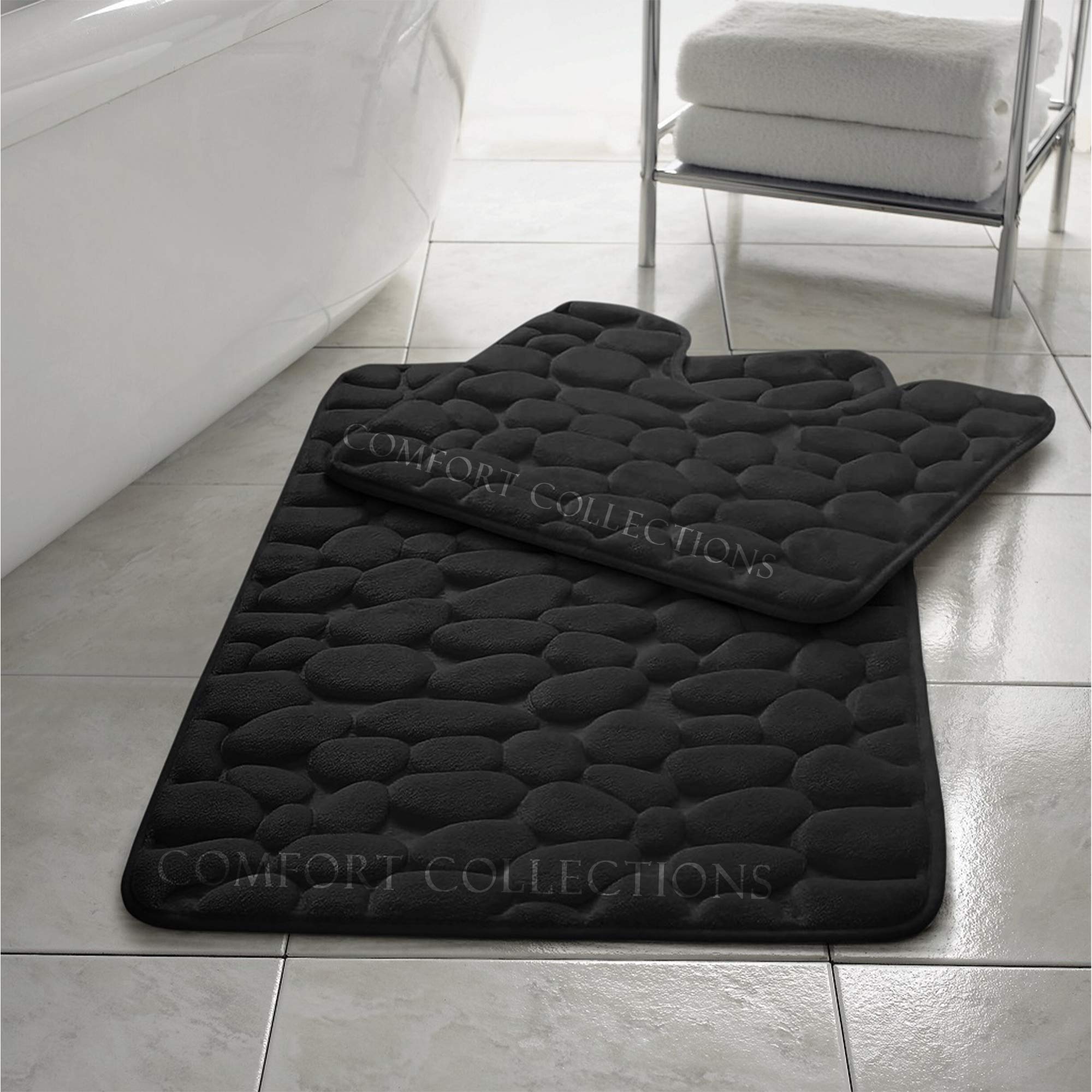 Comfort Collections Bath Mat Set 2 Piece Non Slip Soft Pedestal and Bath Rug Memory Foam Pebble Bathroom Shower Mat STYLE: PEBBLE COLOUR: BLACK