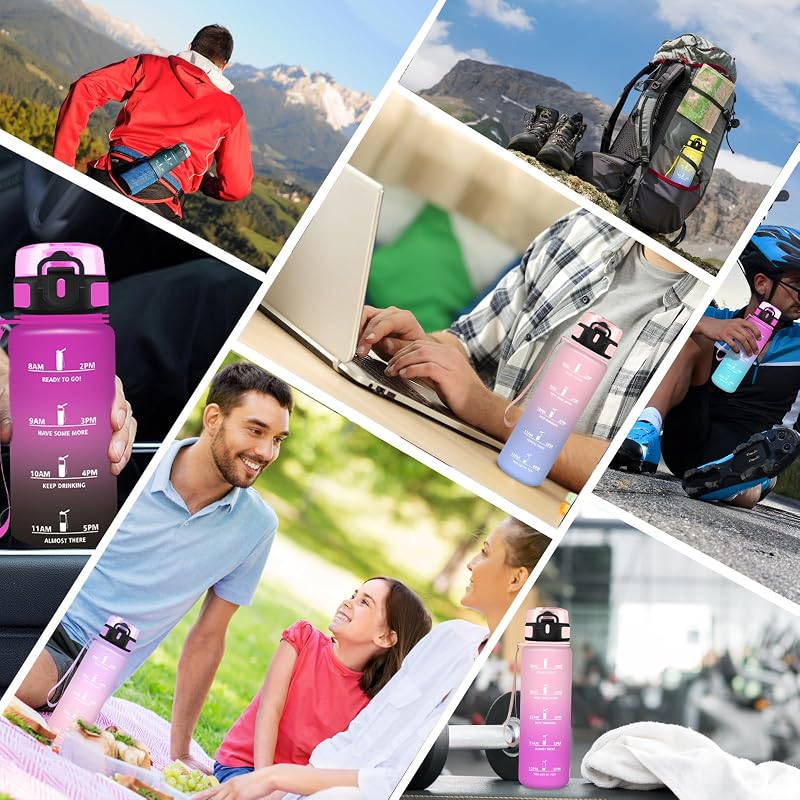 Trinkflasche 1l, Wasserflasche Sport, Trinkflasche Kohlensäure Geeignet, Wasserflasche Auslaufsicher, mit Zeitmarkierung und Filter, Leicht zu Reinigen, für Schule, Büro, Outdoor, Camping, Running